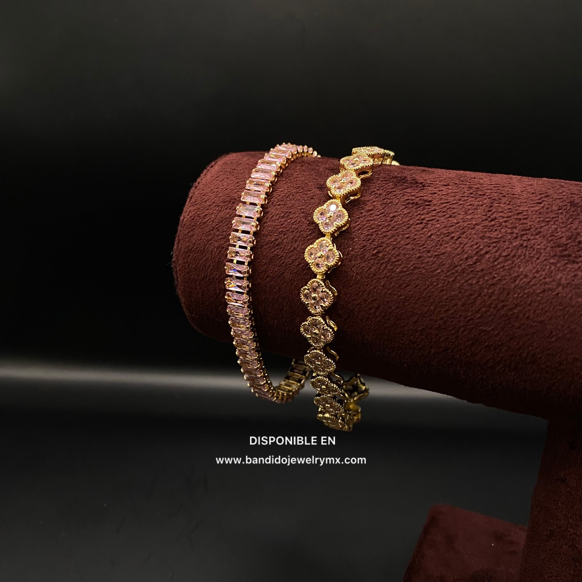 Duo Baguette + Trebol Rosa Oro Laminado 18k