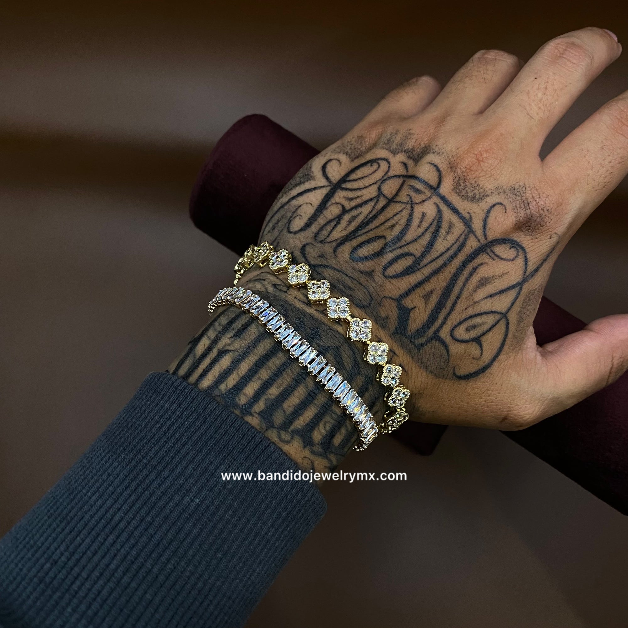 Duo Baguette + Trebol Blanco Oro Laminado 18k