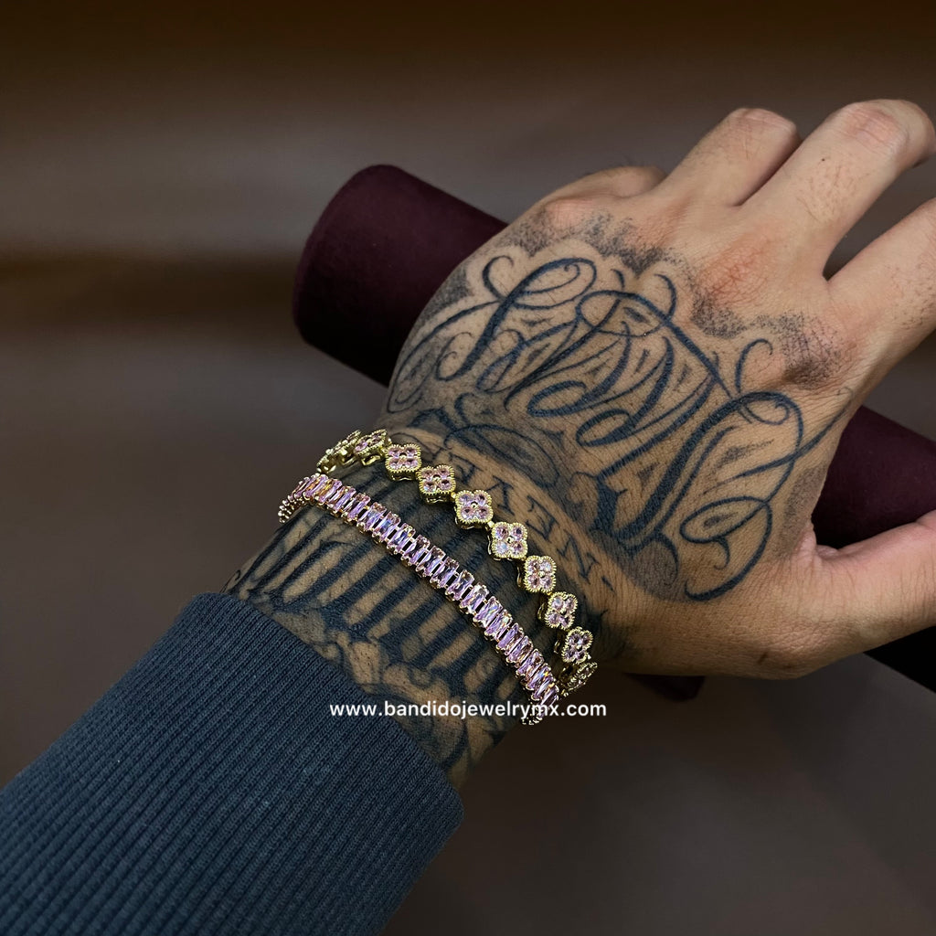 Duo Baguette + Trebol Rosa Oro Laminado 18k